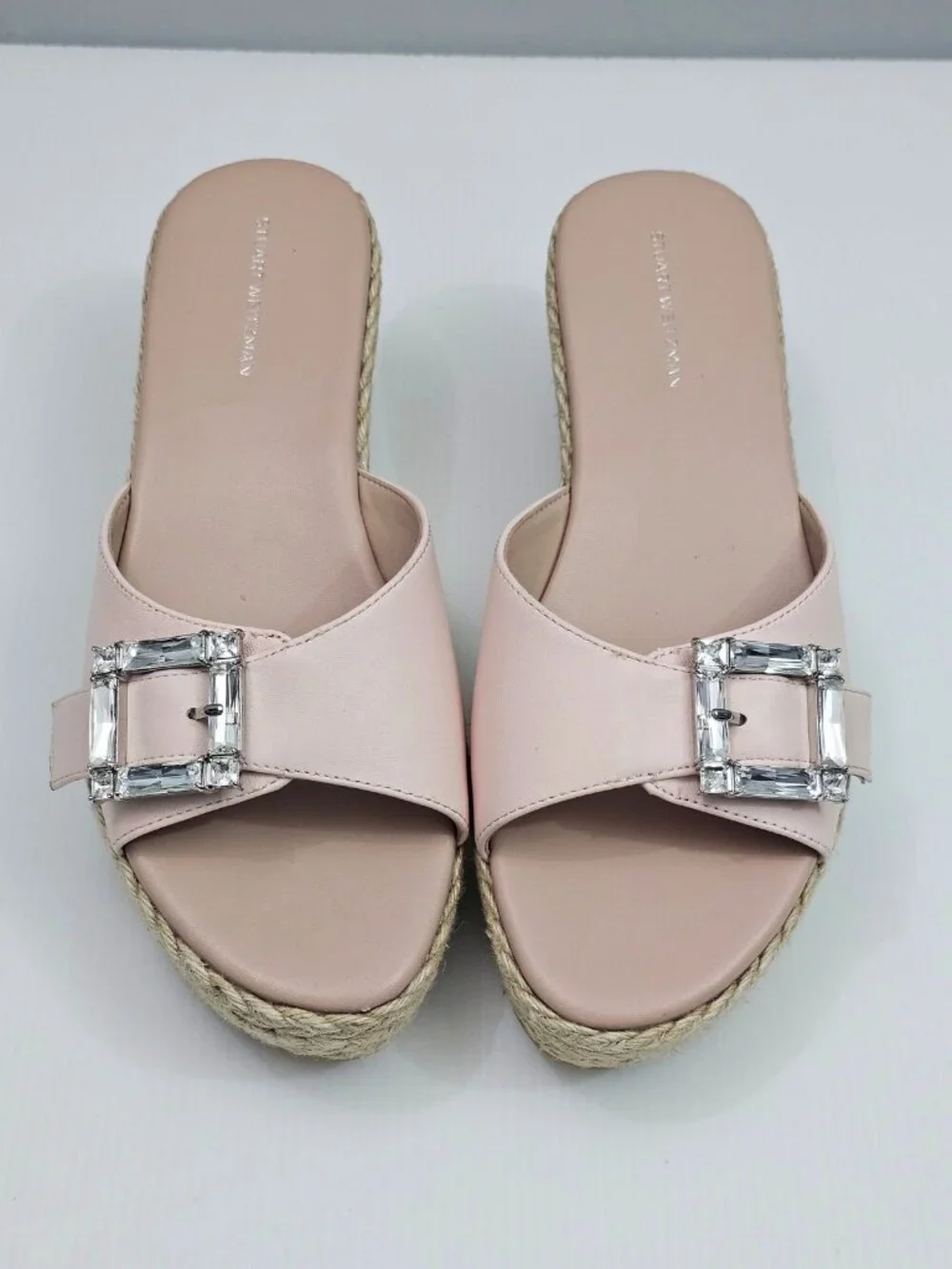 Stuart Weitzman June 75 Espadrille Wedge Sandal Size 9 Blush Pink Crystal Buckle